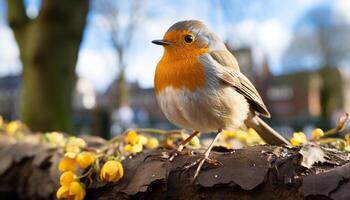 AI generated A cute small bird perching on a branch in springtime generated by AI photo