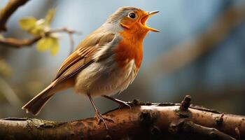 ai generado linda pájaro encaramado en rama, canto en tranquilo bosque generado por ai foto