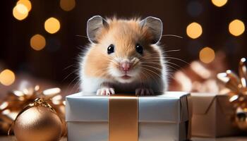 AI generated Cute furry rodent with gift box celebrates winter indoors generated by AI photo