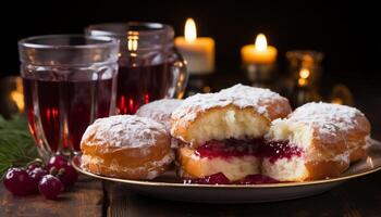 AI generated Homemade dessert sweet, fresh berries on rustic wooden table generated by AI photo