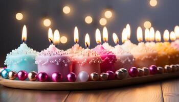 AI generated Burning candle illuminates birthday cake, celebration of love and joy generated by AI photo