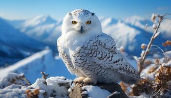 AI generated Snowy owl perching on branch, looking at camera in winter generated by AI photo