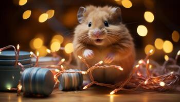 AI generated Cute animal celebrates with illuminated Christmas tree, gifts, and decorations generated by AI photo