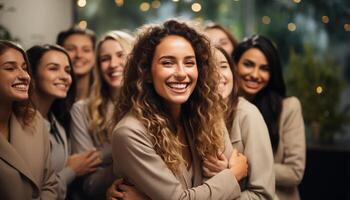 AI generated A large group of cheerful friends celebrating, smiling and laughing generated by AI photo