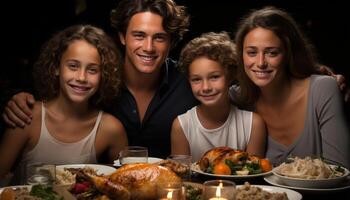 AI generated A happy family celebrates, sitting together, enjoying a turkey feast generated by AI photo