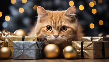 AI generated Cute kitten looking at gift under illuminated Christmas tree generated by AI photo