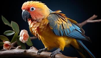 AI generated A cute, vibrant macaw perching on a branch in the rainforest generated by AI photo