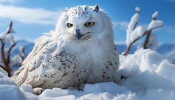 ai generado águila búho encaramado en Nevado rama, curioso con amarillo ojos generado por ai foto