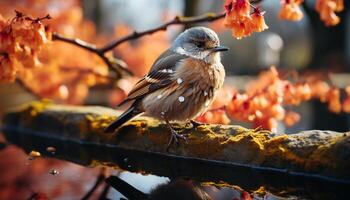 AI generated A cute sparrow perching on a branch, surrounded by autumn leaves generated by AI photo