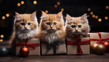 ai generado linda gatito regalo, juguetón y esponjoso, sentado por decorado caja generado por ai foto