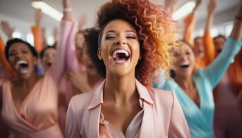 AI generated A group of young adults celebrating success, smiling and cheering generated by AI photo