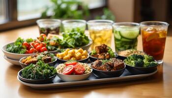 ai generado Fresco ensalada con A la parrilla carne, orgánico verduras, y refrescante bebida generado por ai foto