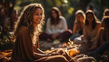 AI generated Group of young adults sitting outdoors, smiling and enjoying nature generated by AI photo