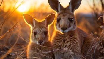 AI generated Cute rabbit grazing on grass in farm at sunset generated by AI photo