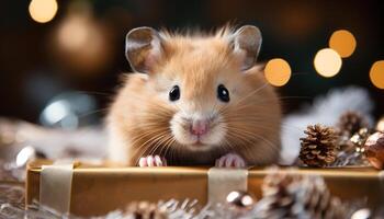AI generated Fluffy winter gift cute rodent celebrates with Christmas decoration generated by AI photo