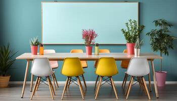 AI generated Modern office design with wooden desk, chair, and green plants generated by AI photo