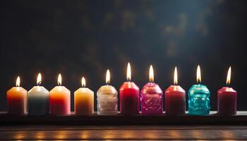 AI generated Glowing candle flames illuminate dark night, symbolizing spirituality and love generated by AI photo