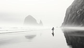 AI generated One person standing on cliff, silhouette against black and white seascape generated by AI photo