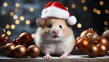 AI generated Cute small mammal looking at shiny gift in illuminated background generated by AI photo