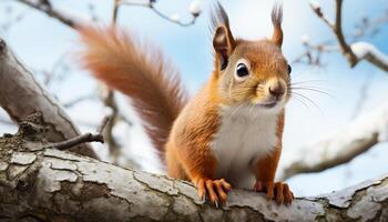 AI generated Cute mammal sitting on branch, fluffy tail, looking alert generated by AI photo