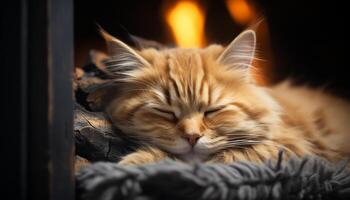 AI generated Cute kitten resting, sleeping comfortably, surrounded by fluffy fur generated by AI photo