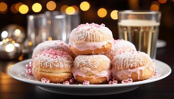 AI generated Homemade dessert sweet donut with chocolate icing and strawberry generated by AI photo