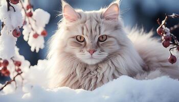 ai generado linda gatito sentado en Nevado árbol, mirando a cámara generado por ai foto