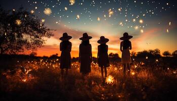 ai generado familia celebracion a atardecer, alegre unión en naturaleza abrazo generado por ai foto