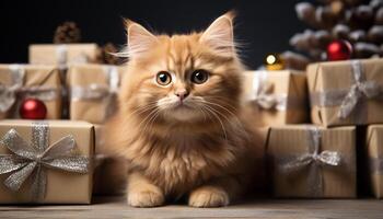 AI generated Cute kitten sitting, looking at camera, playful with gift box generated by AI photo