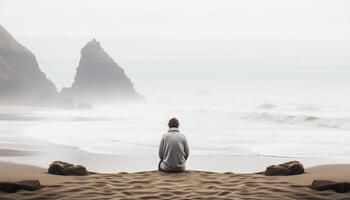 ai generado un hombre medita, hallazgo soledad en naturaleza tranquilo belleza generado por ai foto