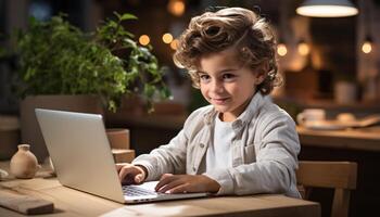 ai generado sonriente niño sentado adentro, utilizando computadora portátil, disfrutando tecnología generado por ai foto