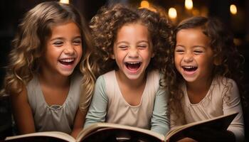 AI generated Smiling children reading, learning, bonding happiness in education generated by AI photo