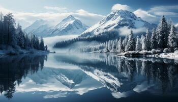 AI generated Tranquil scene  majestic mountain range reflects in tranquil blue water generated by AI photo