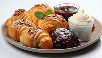 AI generated Freshness and indulgence on a plate gourmet croissant, baked chocolate generated by AI photo