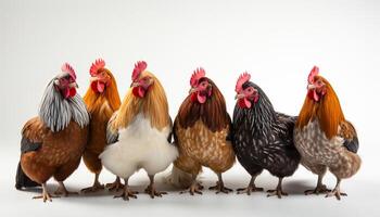 ai generado un fila de linda bebé pollos en pie en un herboso campo generado por ai foto