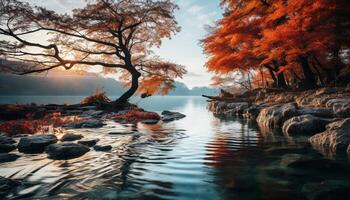 AI generated Tranquil scene  autumn forest reflects beauty in nature generated by AI photo