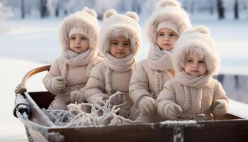 ai generado linda niño sonriente al aire libre en invierno, disfrutando alegre familia divertido generado por ai foto