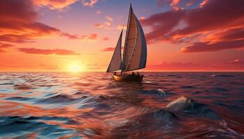 AI generated Sailing yacht glides on tranquil water, chasing the sunset generated by AI photo