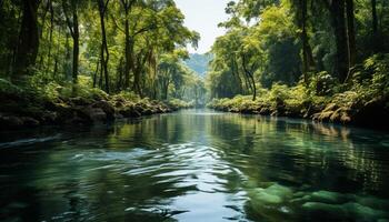 AI generated Tranquil scene  green forest, flowing water, reflecting autumn beauty generated by AI photo