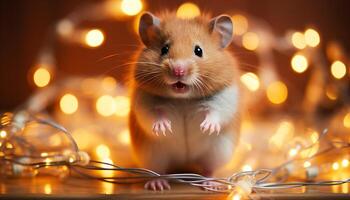 AI generated Cute small mammal celebrates with illuminated Christmas lights generated by AI photo