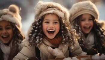 ai generado sonriente muchachas en calentar ropa disfrutar juguetón invierno al aire libre generado por ai foto