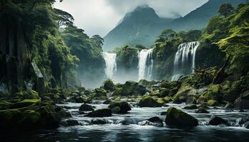 AI generated Majestic mountain range, flowing water, tranquil scene, natural beauty generated by AI photo