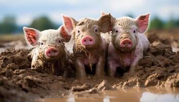 ai generado linda cerdito en un granja, disfrutando lodoso verano comida generado por ai foto