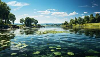 AI generated Tranquil scene  blue sky, green forest, reflecting in peaceful pond generated by AI photo