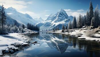 AI generated Majestic mountain range reflects tranquil blue winter landscape generated by AI photo