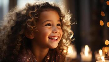 AI generated Smiling child, happiness, cheerful girl, joy, fun, portrait, curly hair generated by AI photo