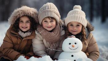 ai generado sonriente niño jugando en nieve, disfrutando invierno con familia generado por ai foto