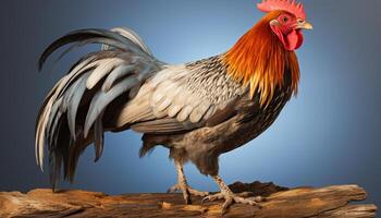 AI generated A majestic rooster stands in the grass, its colorful feathers shining generated by AI photo