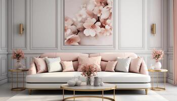 AI generated Modern apartment with elegant decor, comfortable sofa, and stylish vase generated by AI photo