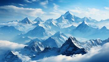 ai generado majestuoso montaña cima, nieve cubierto paisaje, tranquilo escena, azul cielo generado por ai foto